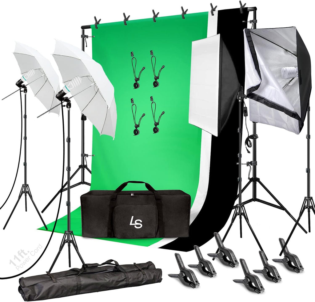 10 ft. Backdrop Support System and 800W 6500K Softbox Umbrella Background Continuous Lighting Kit with Carry Bag K326074