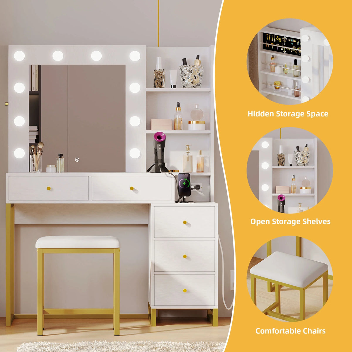 White Vanity Table Set with Lighted Mirror & Stool S683