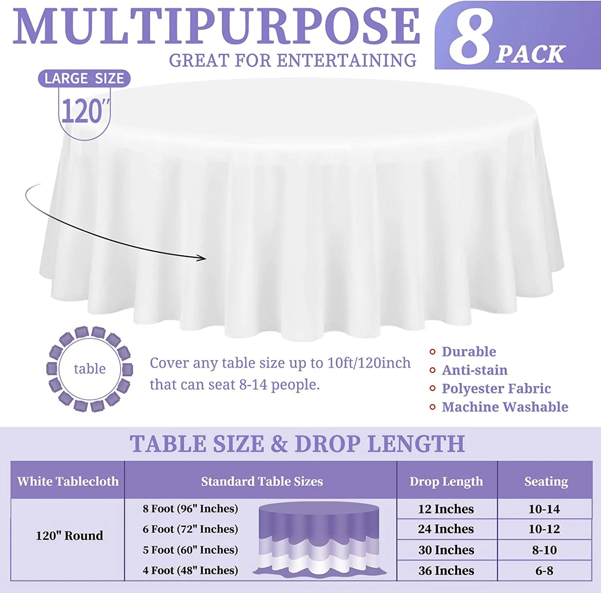 8 Pack 120 Inch White Round Polyester Tablecloth R97103
