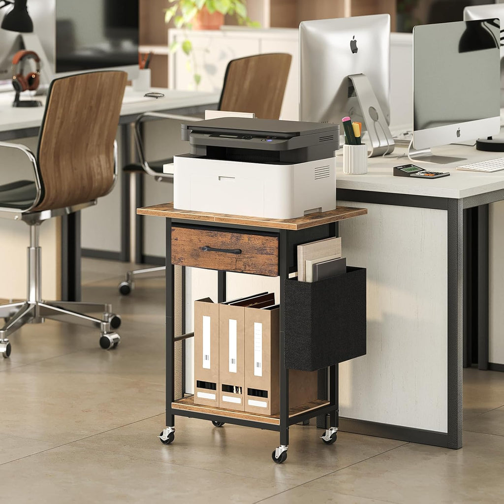 Rustic Brown Rolling Printer Cart with Storage Drawer N856