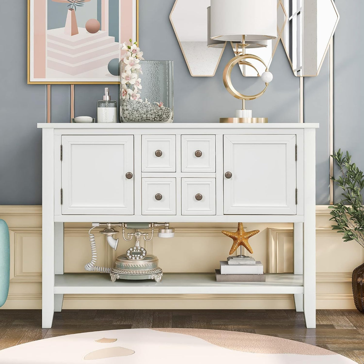 Solid Wood Console Table with 3 Drawers, 2 Cabinet and 1 Shelf J378
