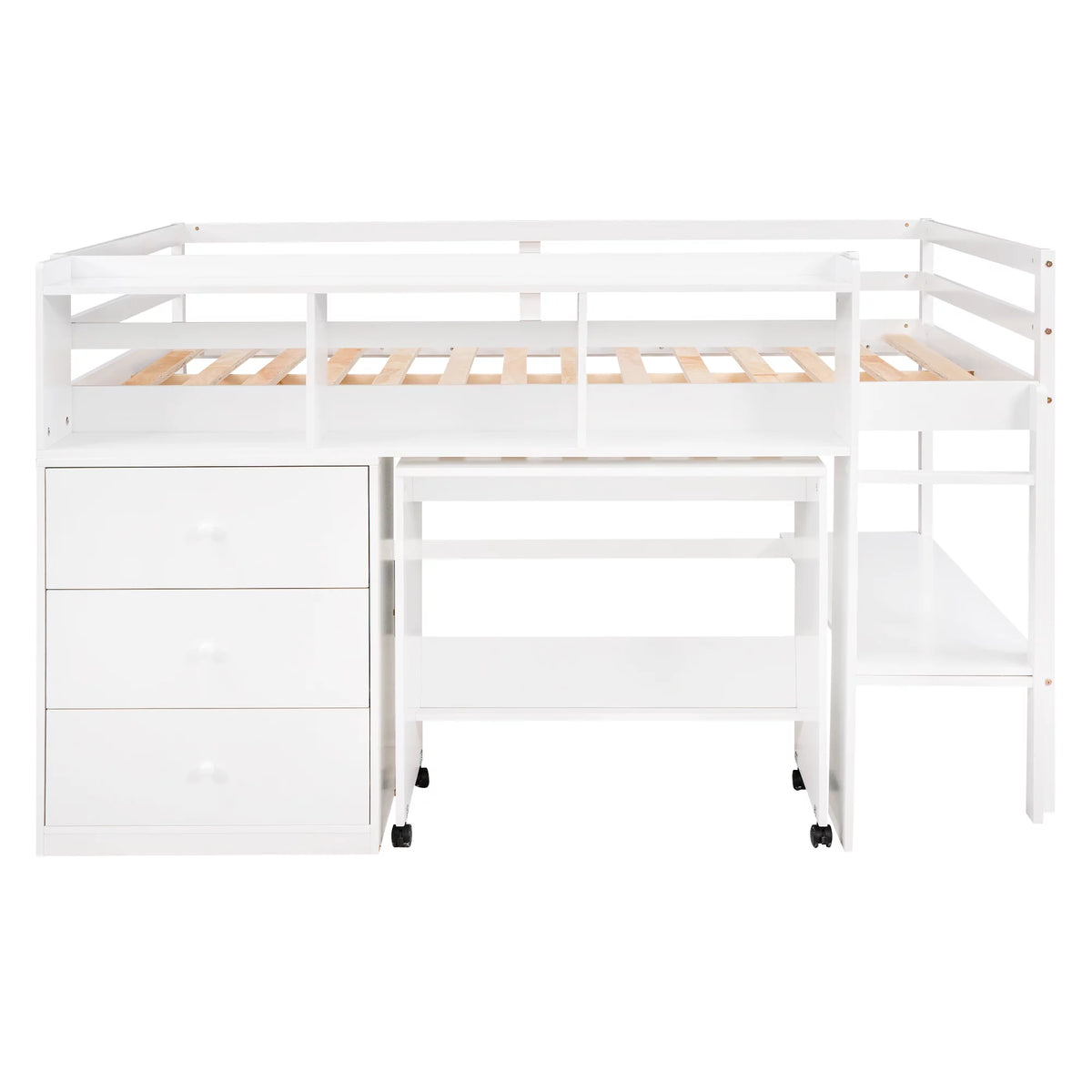 White Wood Full Size Low Loft Bed Frame with 3 Storage Drawers Y7439