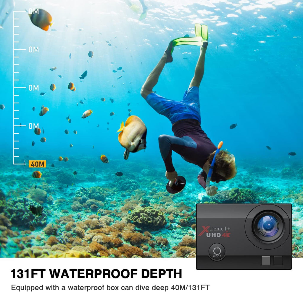 UHD 4K WiFi Action Camera 20MP Waterproof 131FT 2 Color Screen 170° Wide Angle EIS Sports Cam with External Mic Remote 2 Batteries and Helmet Accessories Kit Pack of 2 I212102