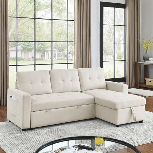 Light Gray Chenille Reversible Sleeper Sectional Sofa with Storage Chaise Q108875
