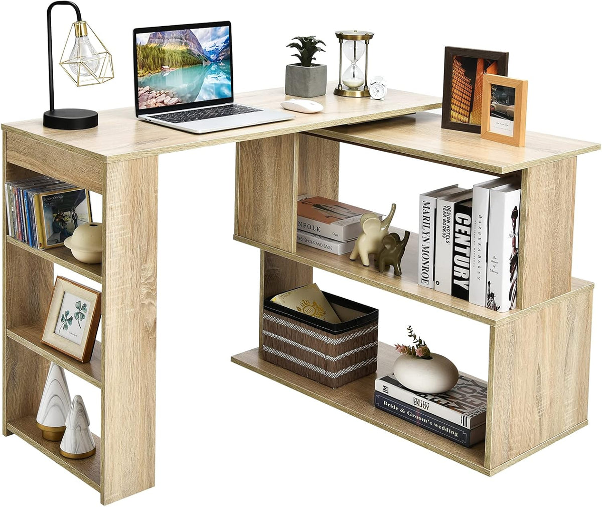360° Rotating L-Shaped Corner Desk with 3-Tier Shelves X357