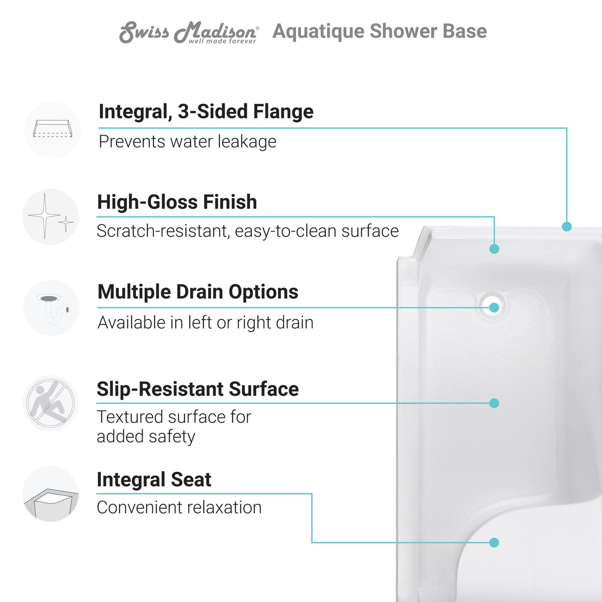 Gray Single Threshold Shower Base with Left Hand Drain and Integral Right Hand Seat S75805