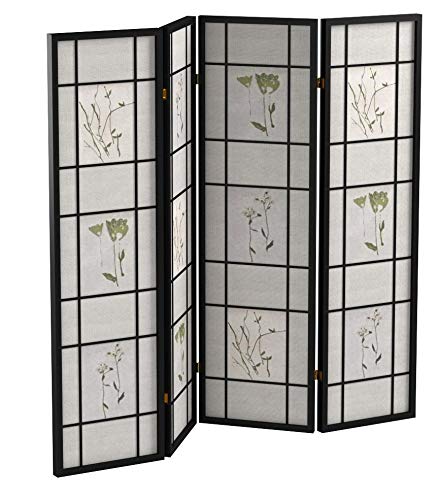 Solid Wood 4-Panel Folding Shoji Screen Room Divider with Beige Fabric Panels D9467
