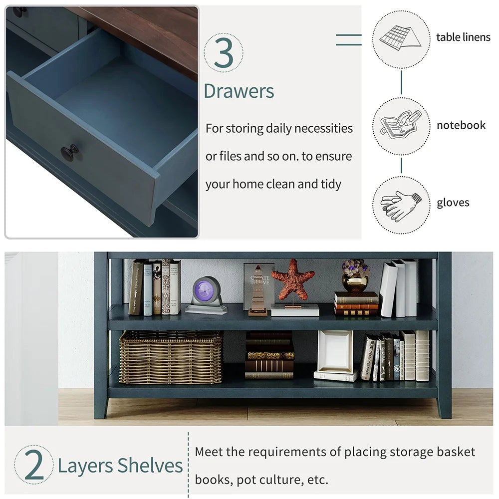 Navy Storage Console Table with 3 Drawers and 2 Shelves Y630