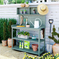 Green Wooden Potting Bench Table with 4 Storage Shelves and 3 Side Hook L48587