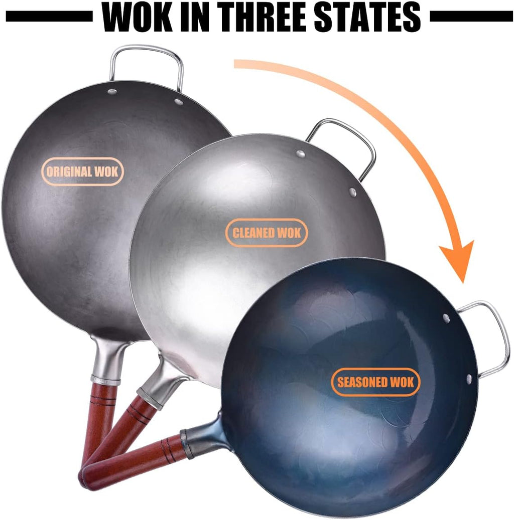 Carbon Steel Hand Hammered Wok Pan Set with 8 Pcs Cookware Accessories Y220930