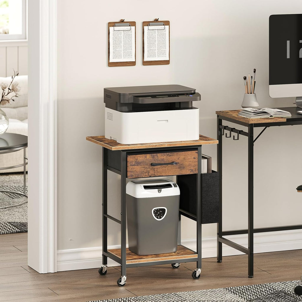 Rustic Brown Rolling Printer Cart with Storage Drawer N856