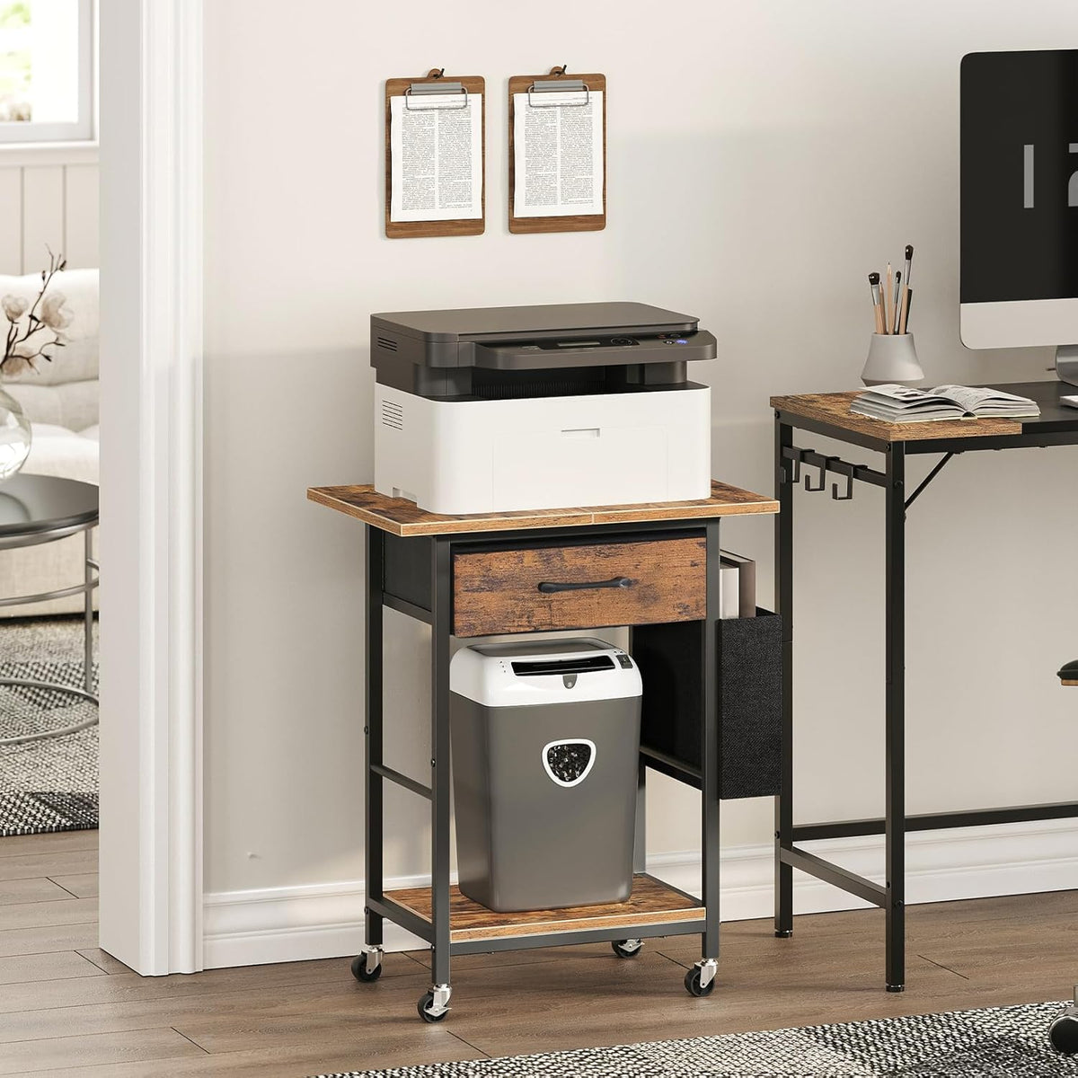 Rustic Brown Rolling Printer Cart with Storage Drawer N856
