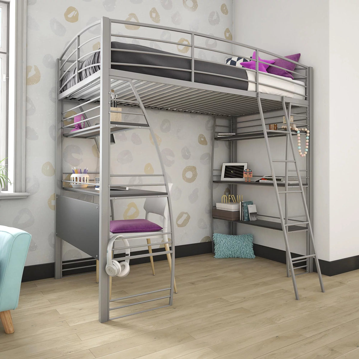 Twin Metal Loft Bed with Desk and Shelves L81322