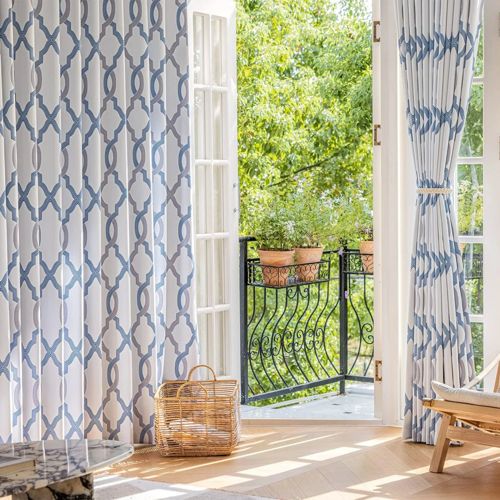 Blue White Geometric Blackout Curtain Panel, Back Tab, 52"x 84"x 2 Q982012