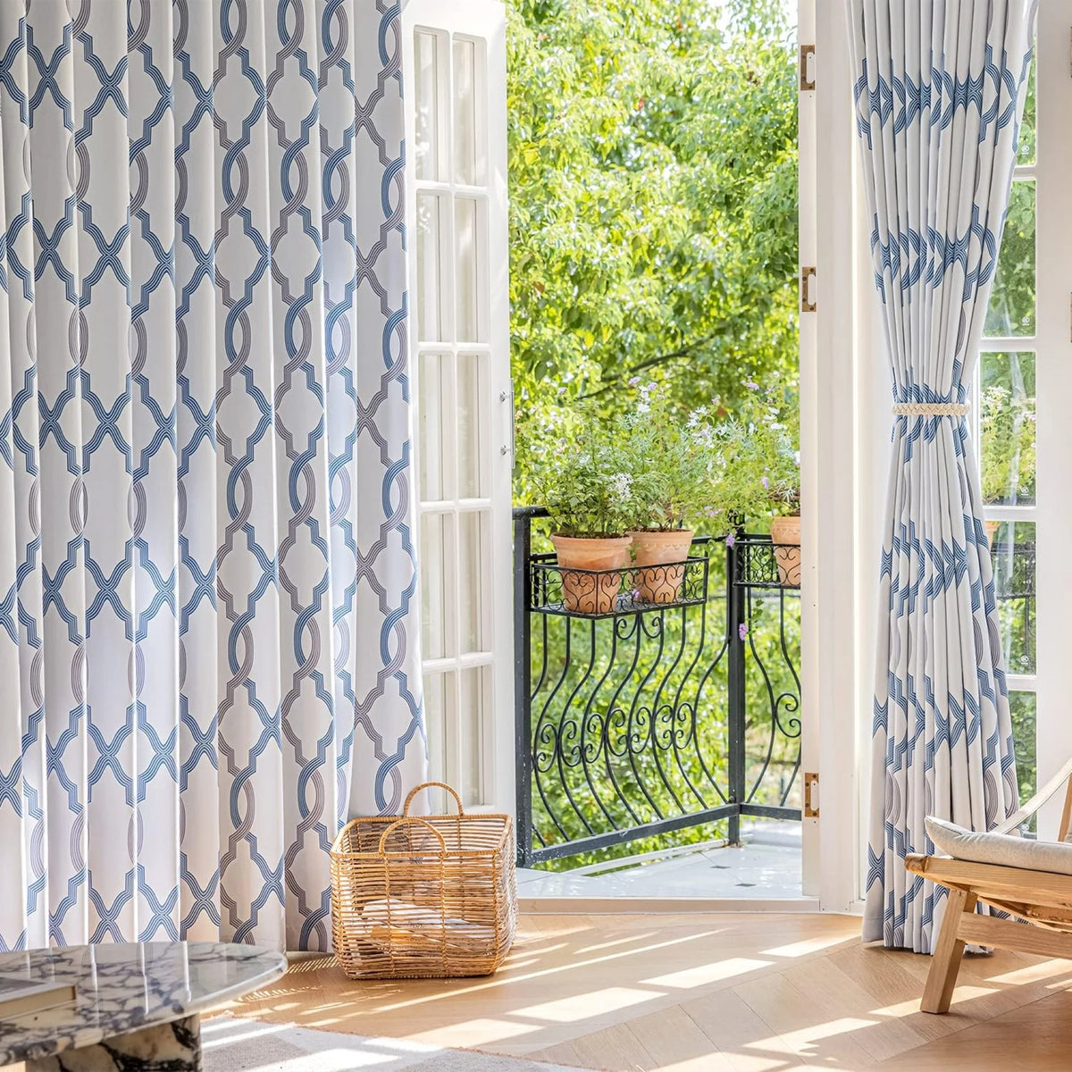 Blue White Geometric Blackout Curtain Panel, Back Tab, 52"x 84"x 2 Q982012