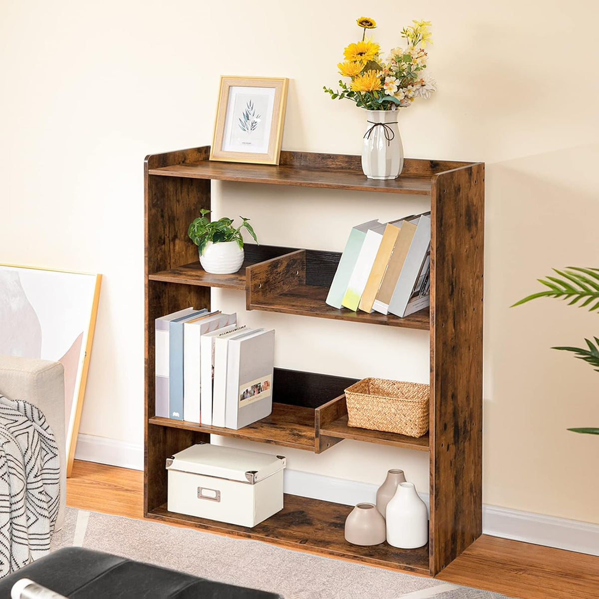 Rustic Brown Wooden Bookcase with Open Shelves K7459