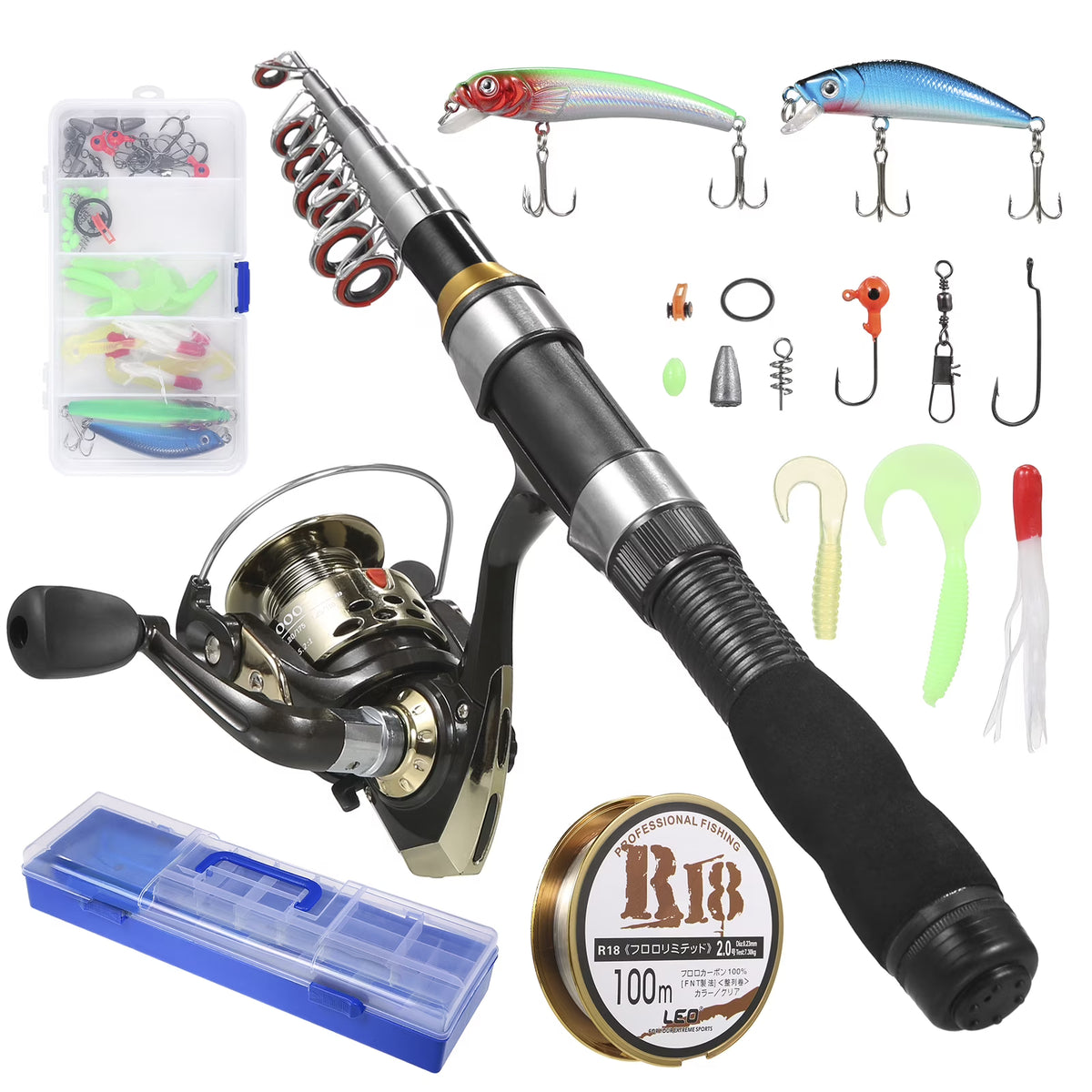 Telescopic Spinning Rod and Reel Combo Kit with Lures S522