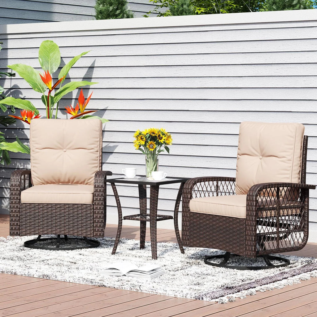 3 Piece Swivel Rocking Wicker Patio Chairs Set with Beige Cushions L26533