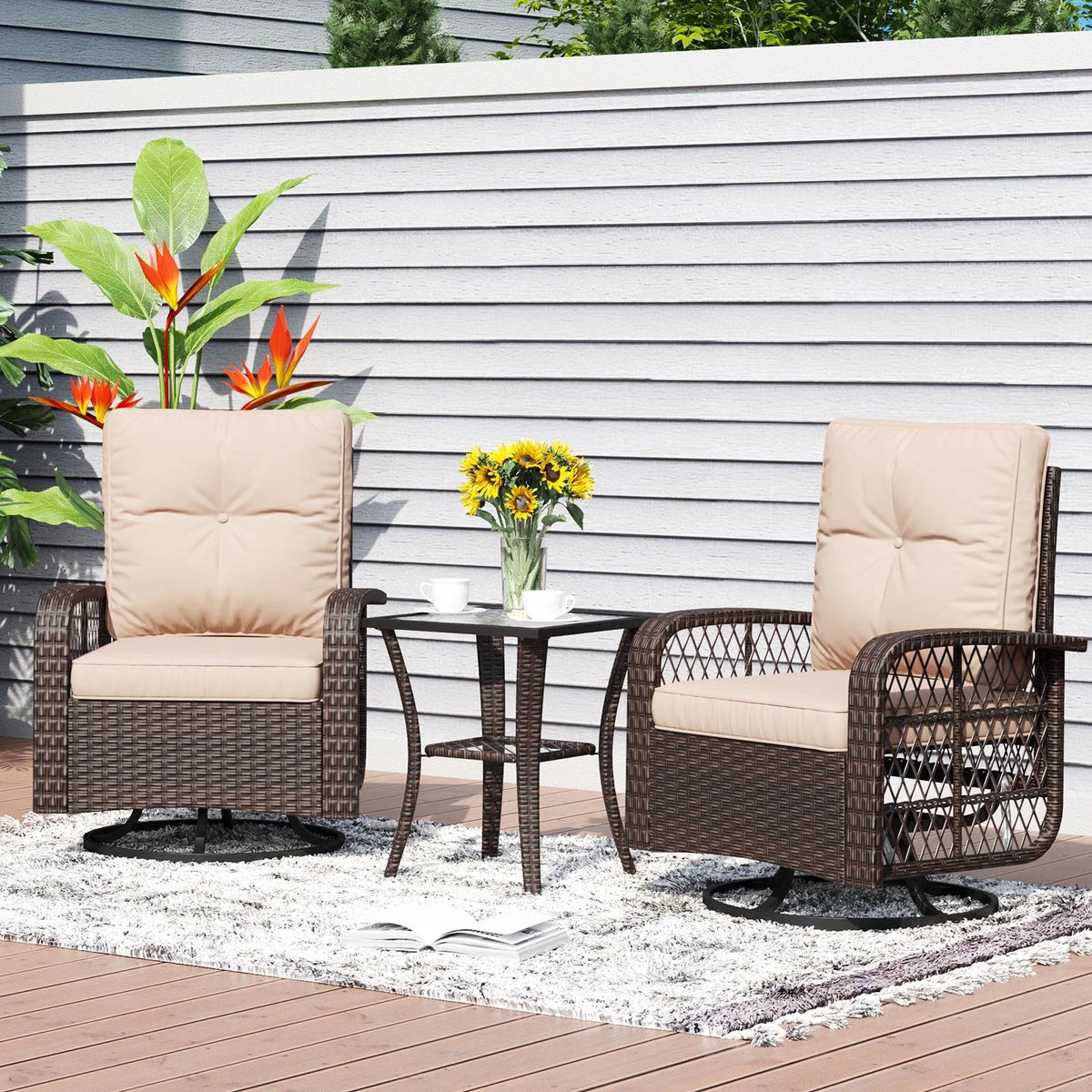 3 Piece Swivel Rocking Wicker Patio Chairs Set with Beige Cushions L26533