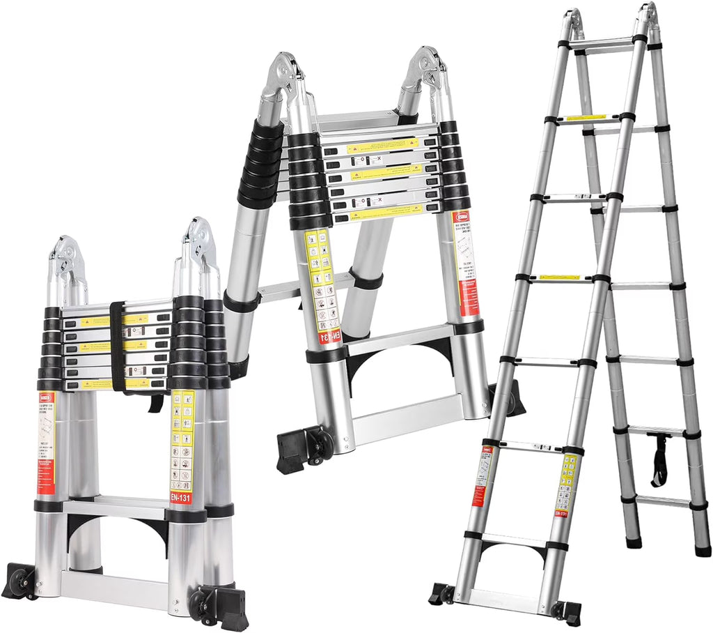 14.5FT A Frame Telescoping Ladder with Balance Bar & Wheels, 330lbs Capacity B611