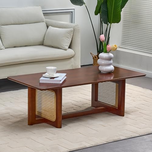 Rattan Coffee Table, 42.5 Inch Rectangular Solid Wood Table V43922