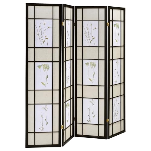 Solid Wood 4-Panel Folding Shoji Screen Room Divider with Beige Fabric Panels D9467