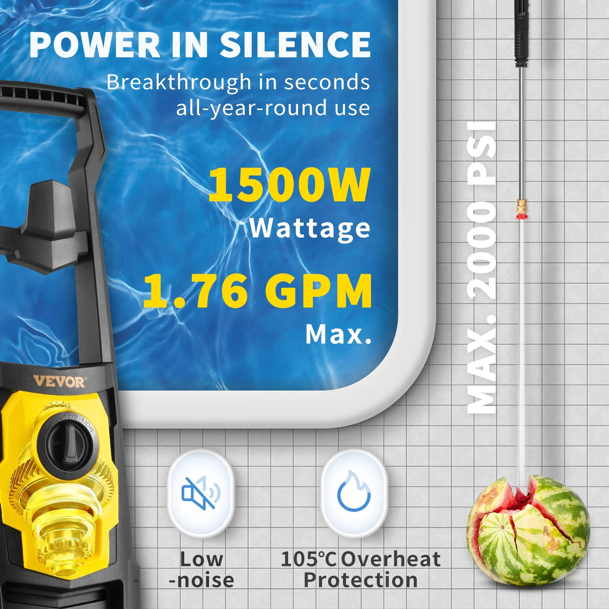 Electric Pressure Washer 2000PSI Max, 1.76 GPM Power Washer with 30 ft Hose and 5 Nozzles Foam Cannon K358