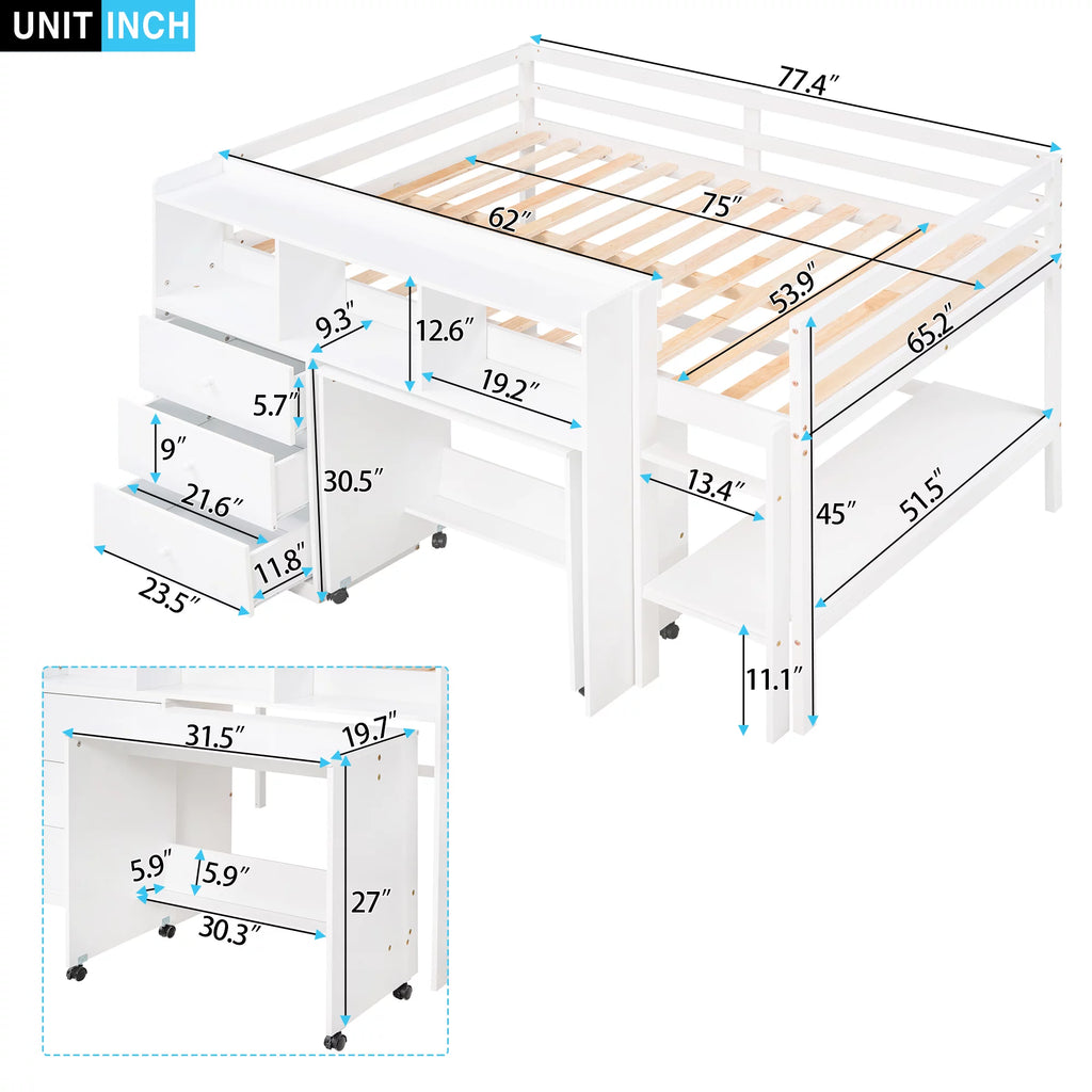 White Wood Full Size Low Loft Bed Frame with 3 Storage Drawers Y7439