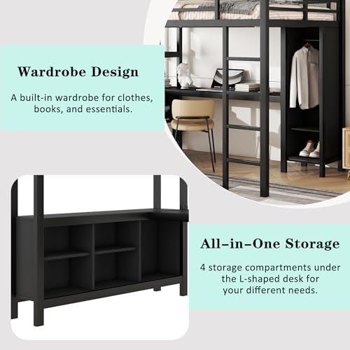 Metal Loft Bed with Wardrobe & L-Shaped Desk, White Queen D3283