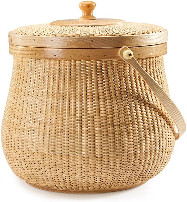 Natural ash wood and cane round baskets with swing handle removable lids F22868