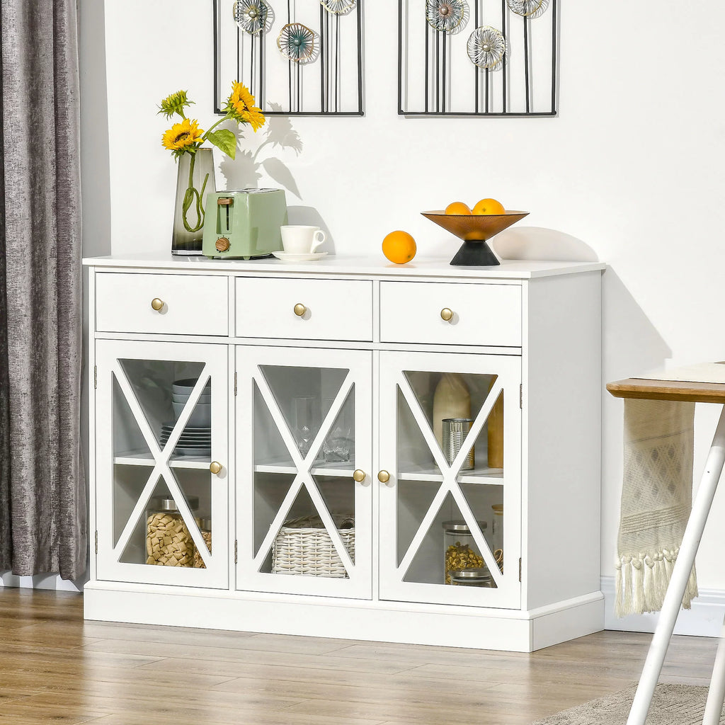 White Sideboard Buffet Cabinet with Glass Doors and 3 Drawers B465