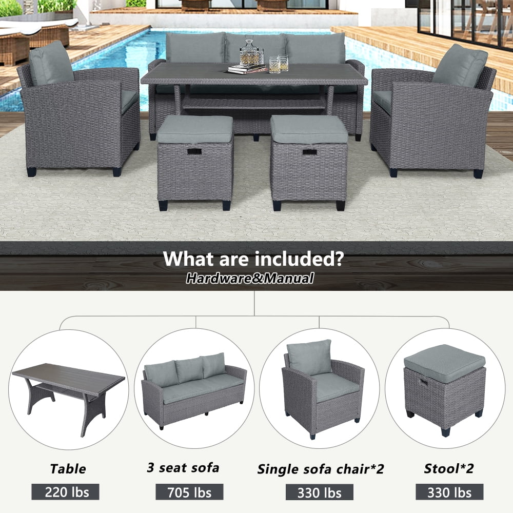 6-Piece Outdoor Rattan Wicker Sofa Chair Stools and Table Y171