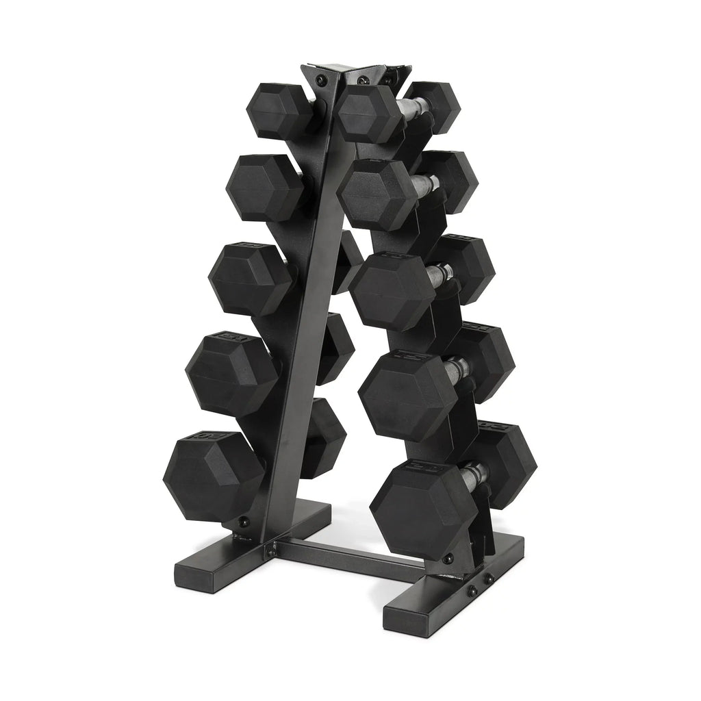 150 lb Coated Rubber Hex Dumbbell Weight Set with Rack L71219