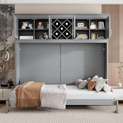 White Queen Size Murphy Wall Bed with Top Cabinets & Wine Rack Z52804