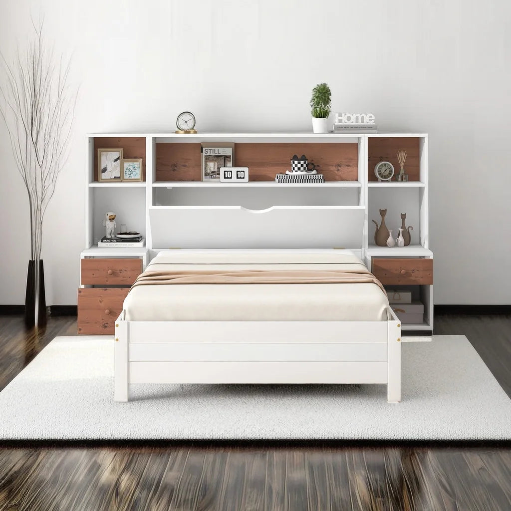 Twin Size Wood Platform Bed with Storage Headboard and Drawers P3014