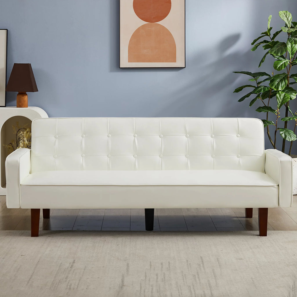 White Faux Leather Button Tufted Convertible Sleeper Sofa Bed H99535