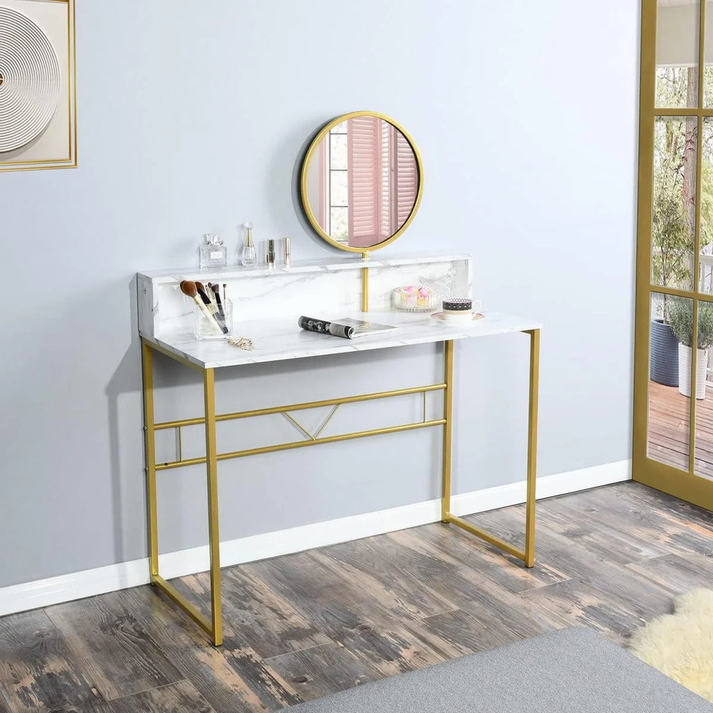 41-inch White Vanity Desk with Removable Circular Mirror T411
