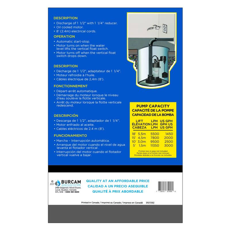 Thermoplastic Submersible Sump Pump, 1/3 HP, 3000 GPH P481