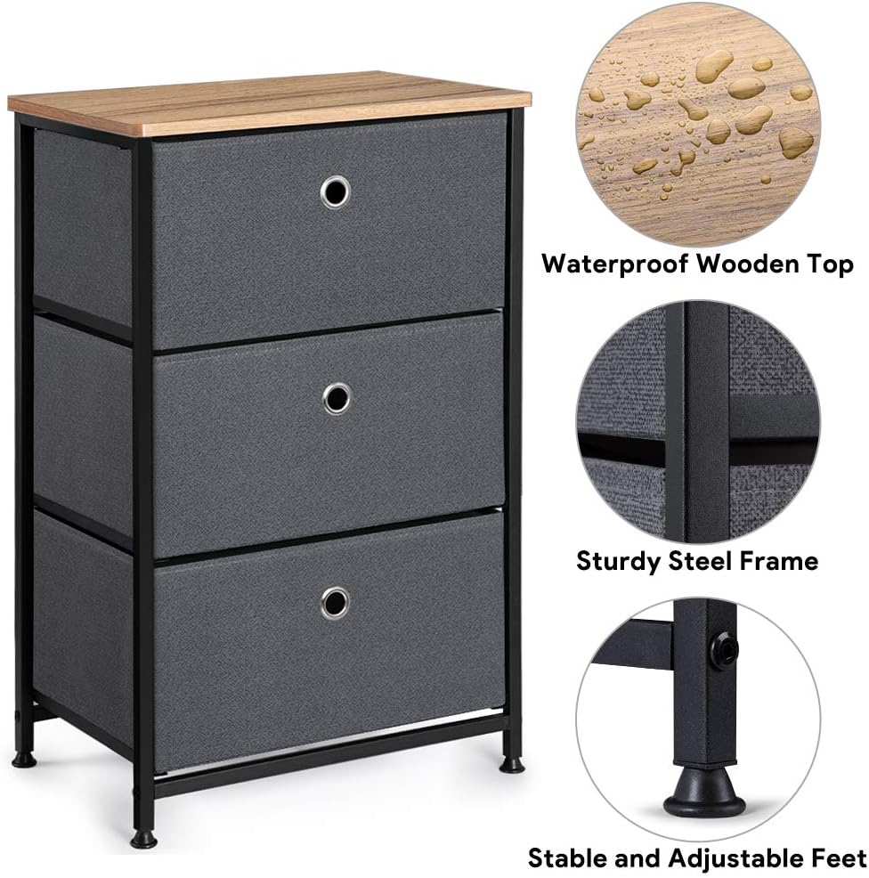 28" Vertical Dresser with 3 Drawers Fabric Nightstand with Steel Frame and Wood Top M9057