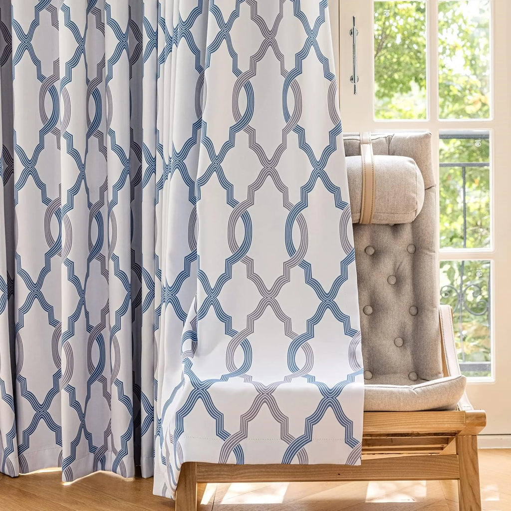 Blue White Geometric Blackout Curtain Panel, Back Tab, 52"x 84"x 2 Q982012