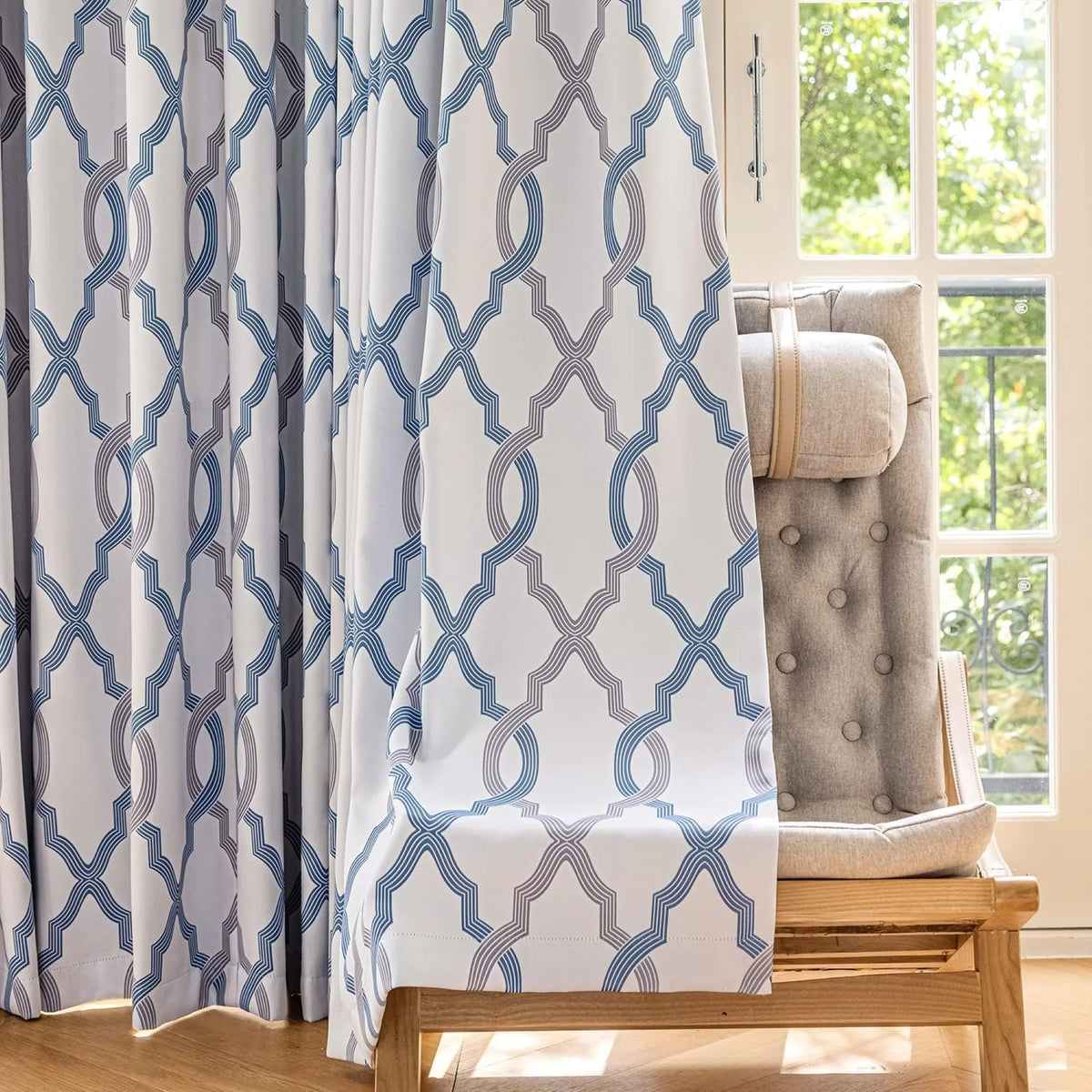 Blue White Geometric Blackout Curtain Panel, Back Tab, 52"x 84"x 2 Q982012