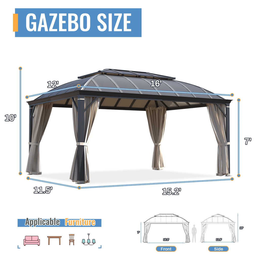 12'x16' Hardtop Aluminum Patio Gazebo with Aluminum Composite Double Roof Z66458