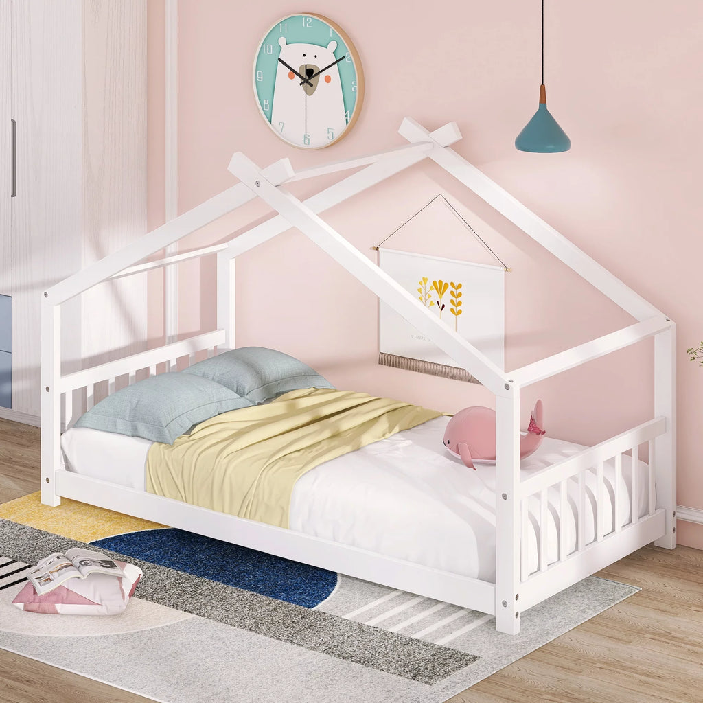 Twin Size White Wood House Bed I2451