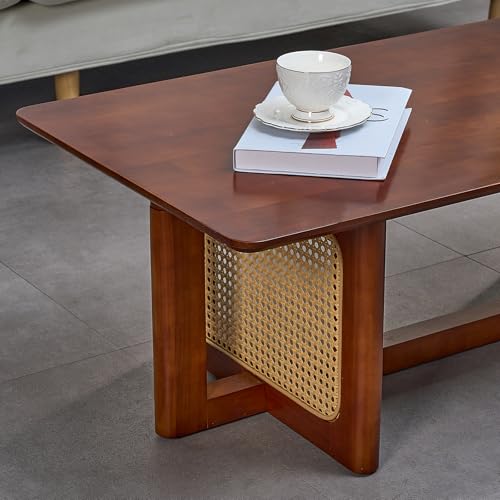 Rattan Coffee Table, 42.5 Inch Rectangular Solid Wood Table V43922