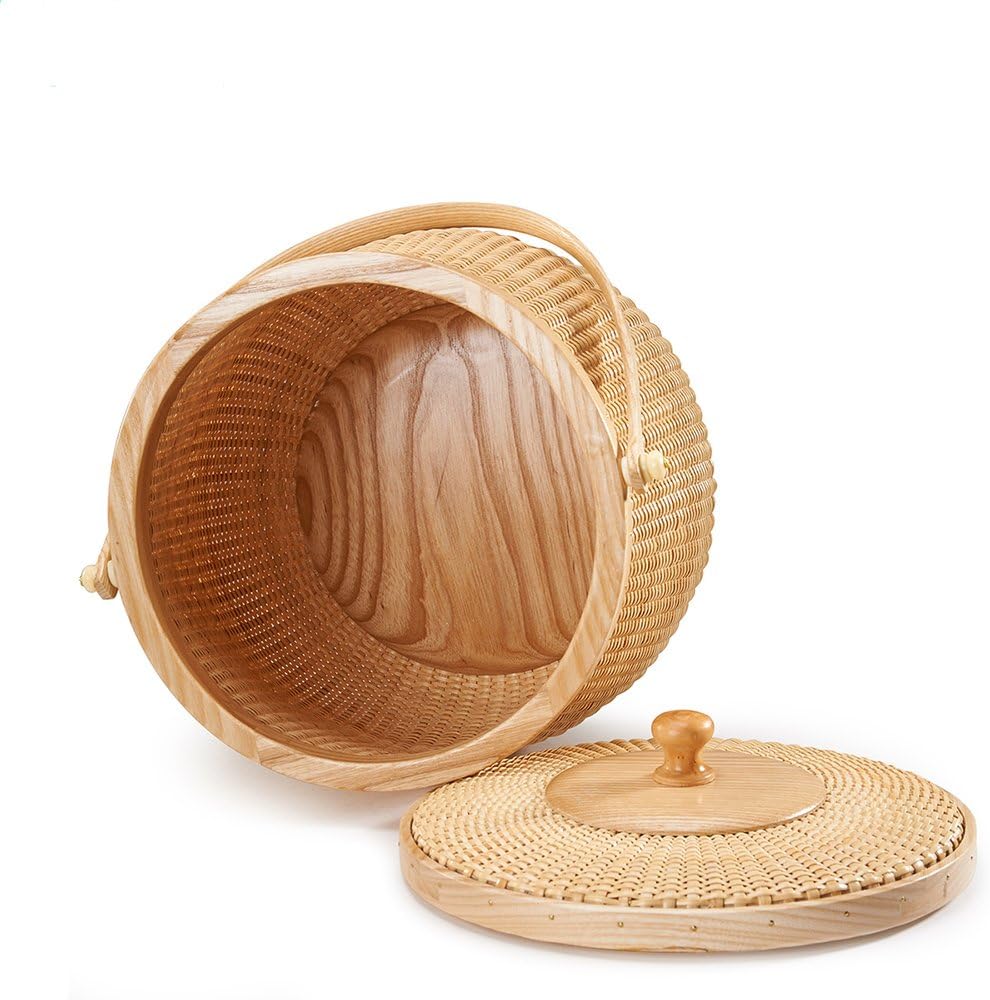 Natural ash wood and cane round baskets with swing handle removable lids F22868