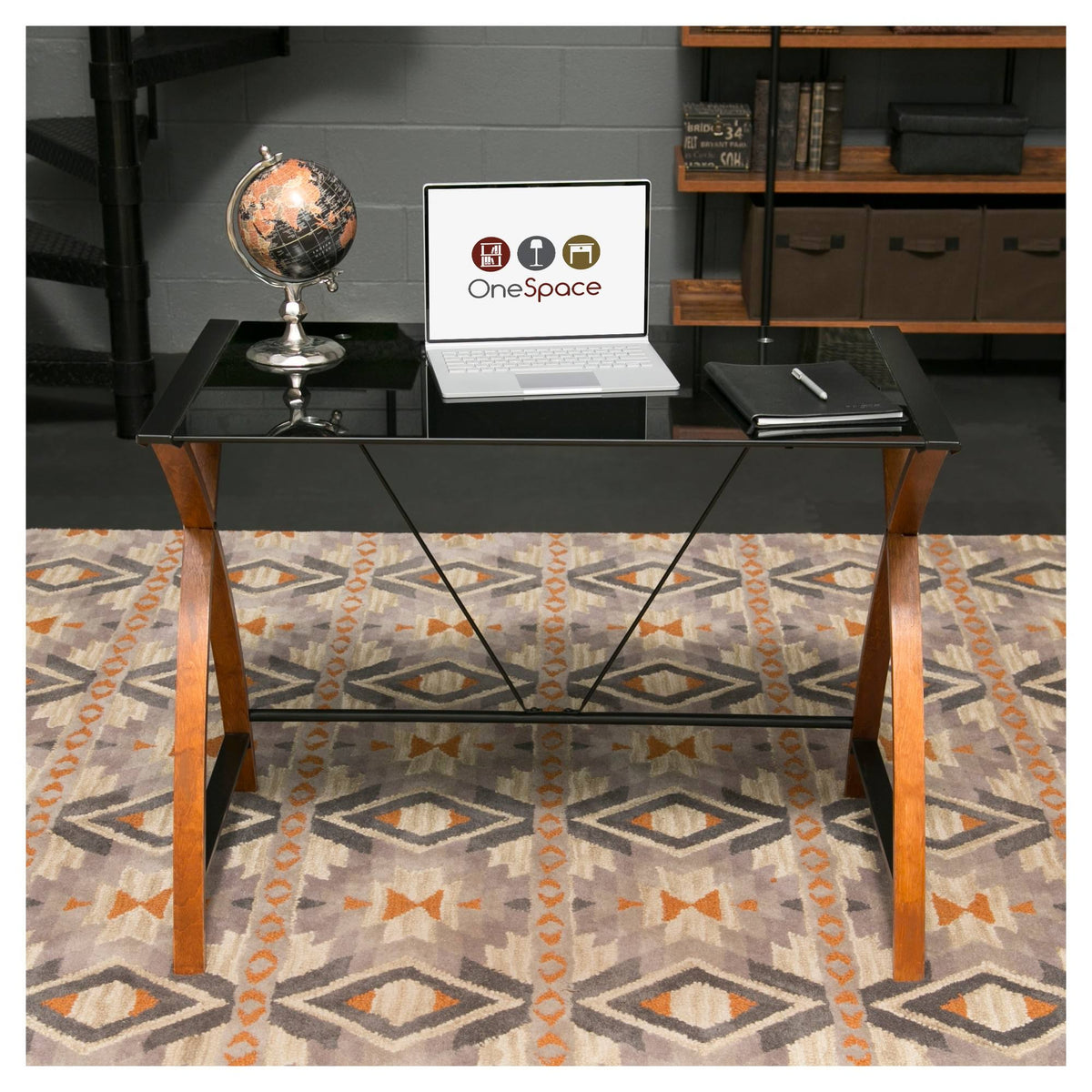 Black Glass and Wood Computer Desk L632987