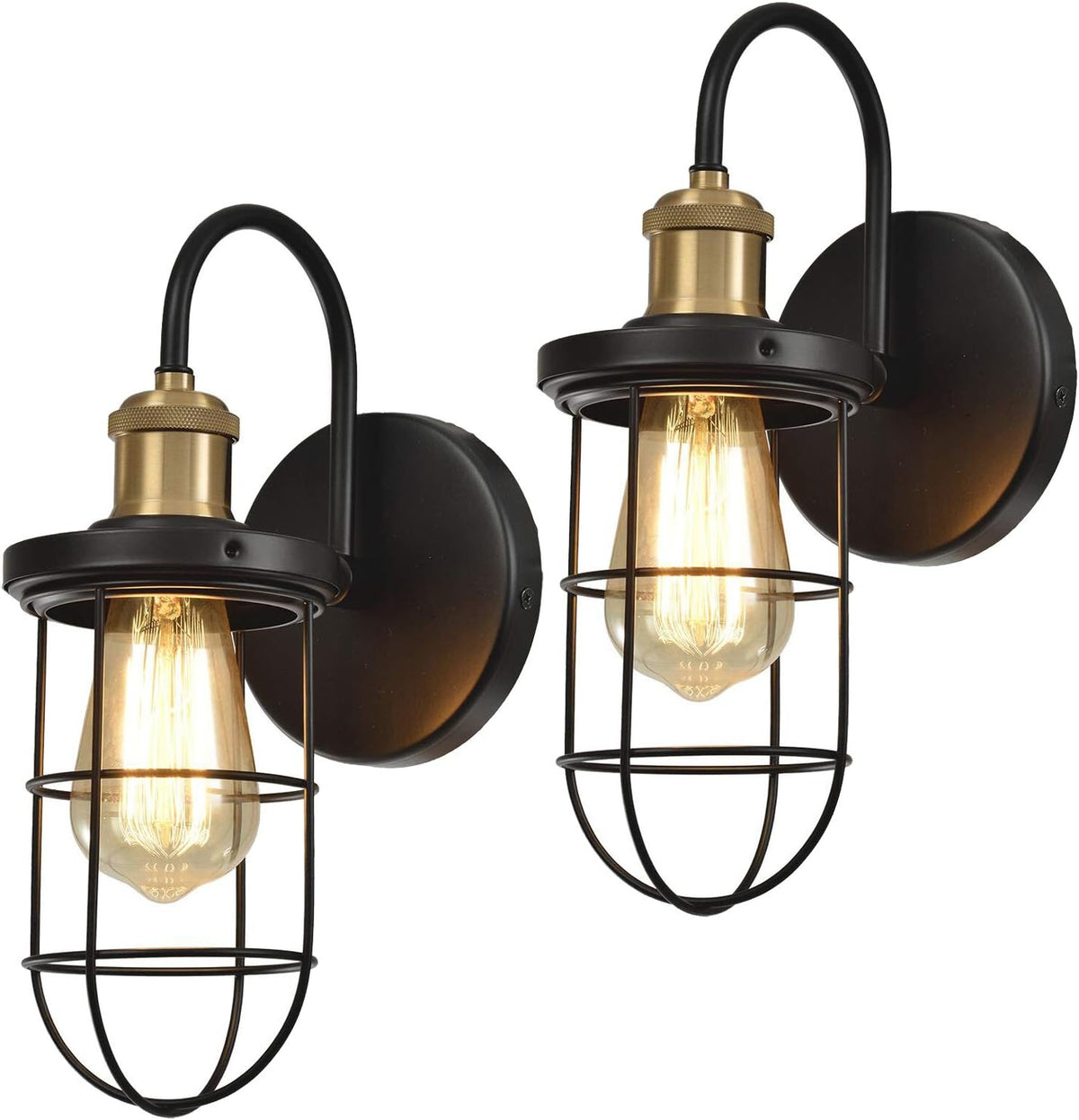 Farmhouse Wall Sconces with Cage Shade, Black and Gold, Set of Two R447