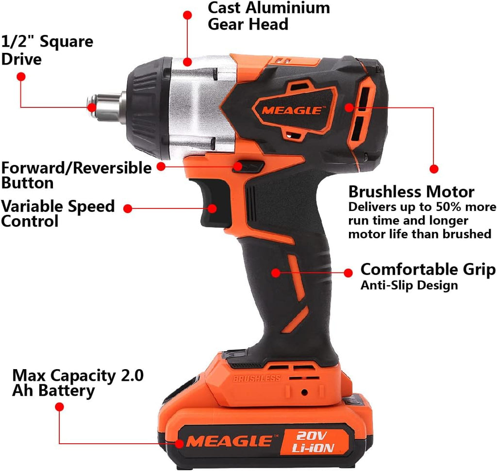 20V Max Brushless Cordless Impact Wrench 4.0 Ah Battery Powered 1/2 inch Square Drive Pack of 2 I3545