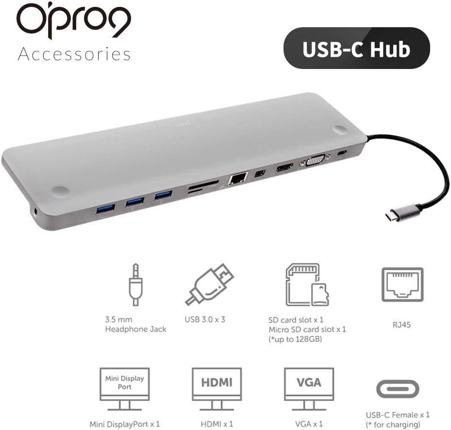 11-in-1 USB C Hub Adapter with HDMI, VGA, MiniDP, SD Card Reader, 3 x USB 3.0 Ports, Gigabit Ethernet, Headphone Jack, Gray W2515