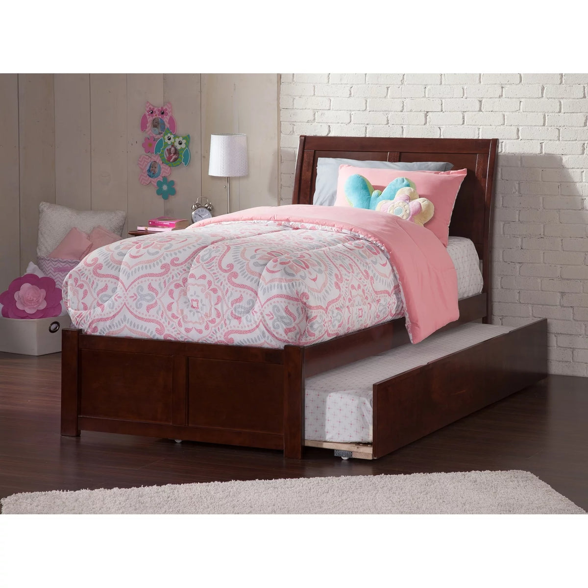 Twin Platform Bed with Footboard and Twin Trundle in Walnut C103